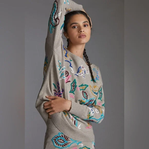 Anthropologie Embroidered Pullover Sweater in Neutral Motif - Picture 1 of 12